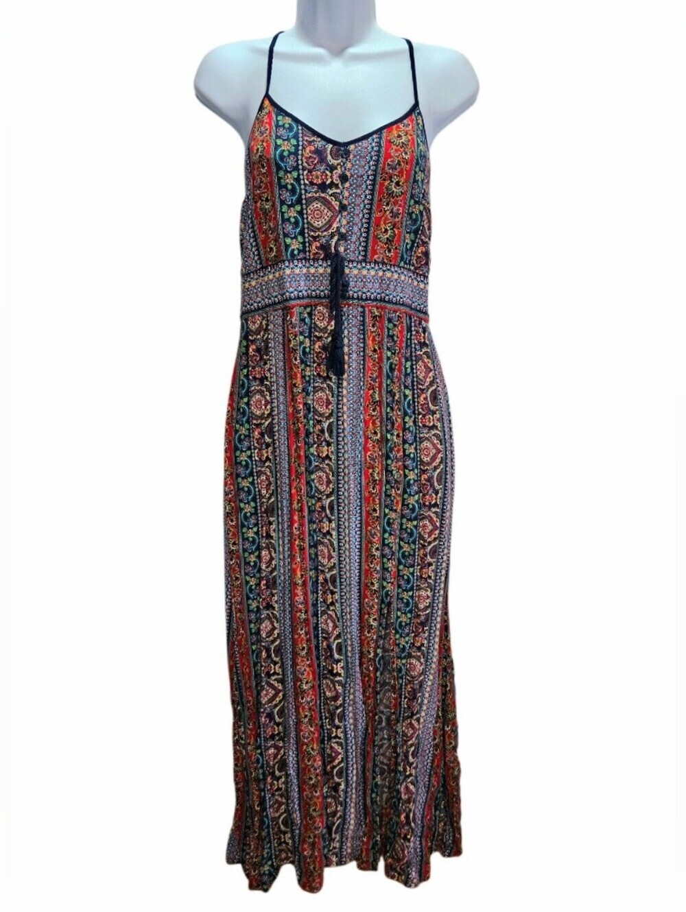 0138 Xhilaration Boho Paisley Maxi Dress Tassel Tie Festival Beach Size Large